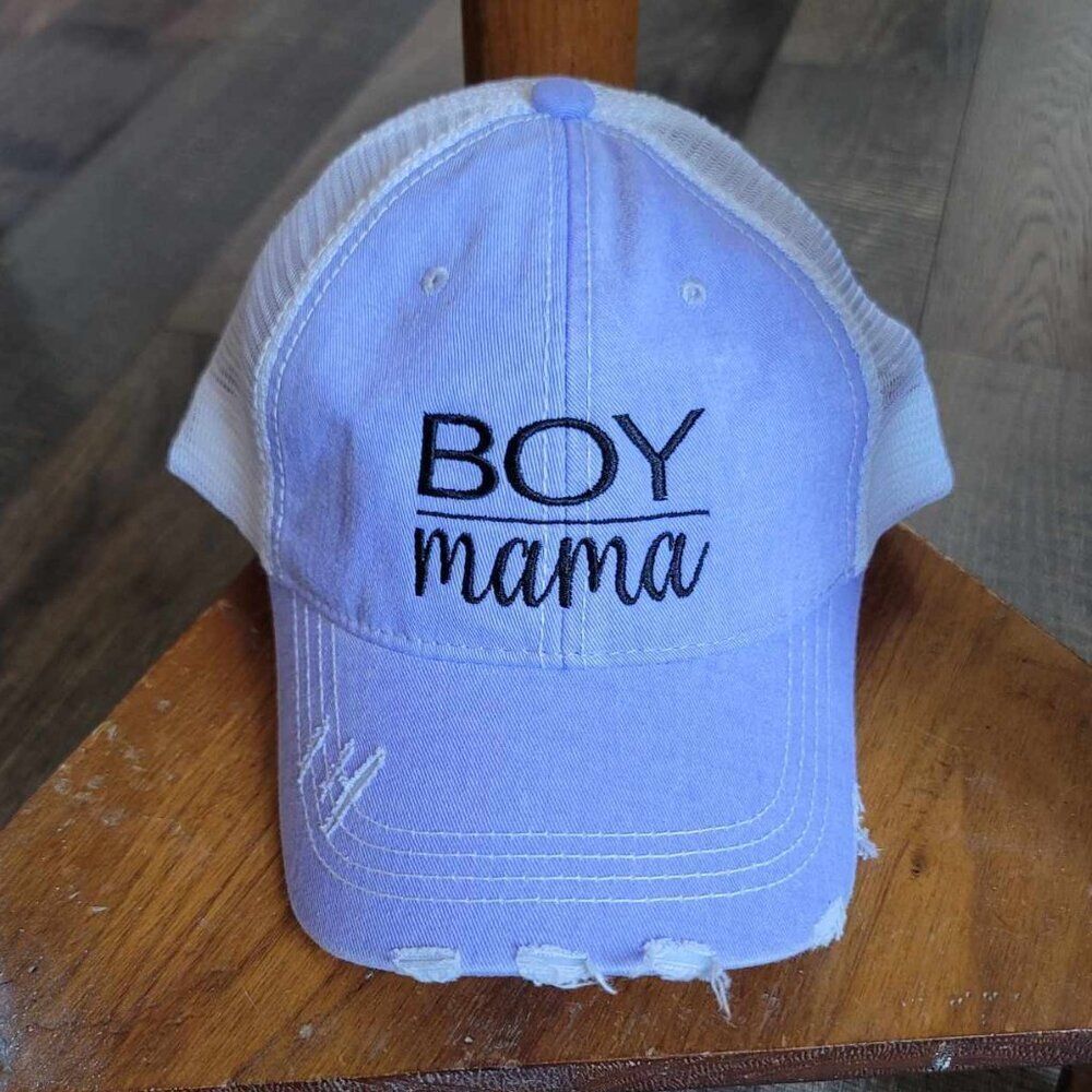 Distressed "Boy Mama" embroidered baseball hat with ponytail / Messy bun opening